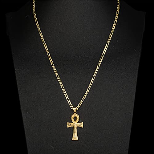 kelistom 14K Gold Silver Tone Stainless Steel Ankh Cross Pendant Necklace for Women Men 3mm Flat Figaro Chain Egyptian Cross Necklace 18/22 inches3