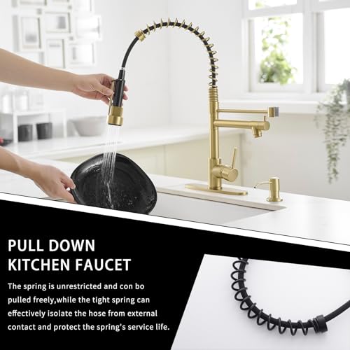 Image of AIMADI Gold Kitchen Faucet with Soap Dispenser,Commercial Single Handle | pull down Kitchen Faucets with Sprayer,Brushed Gold,for 1-hole or 3-hole sinks,Farmhouse RV Laundry