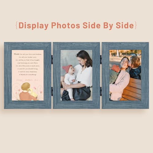 Golden State Art, 4x6 Three Picture Frame Trifold Hinged Photo Frame with 3 Openings, Desk Top Family Picture Collage, with Real Glass (4x6 Triple, Blue, 2-Pack)