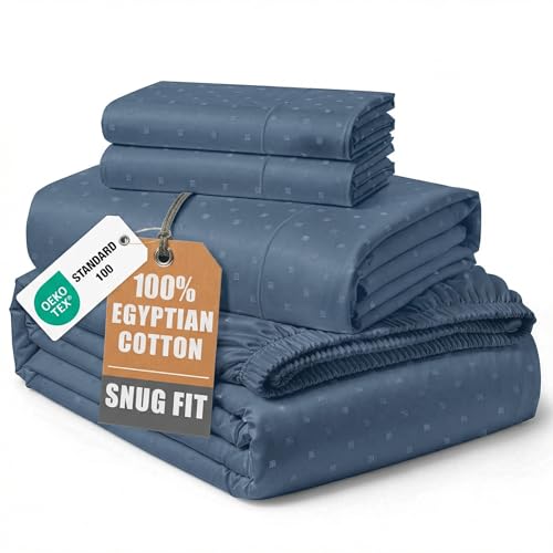 Image of LANE LINEN Full XL Sheets Set 100% Egyptian Cotton Sateen - Estate Blue | Cotton Bed Sheets Full - 4-Piece Set, For A Luxurious Night's Sleep, For Guests And Everyday Use, Luxe Sheen, Plush