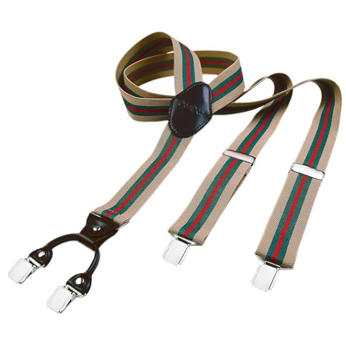 DonDon bretelles hommes larges 3,5 cm avec 4 clips extra-fortes et patch en cuir marron