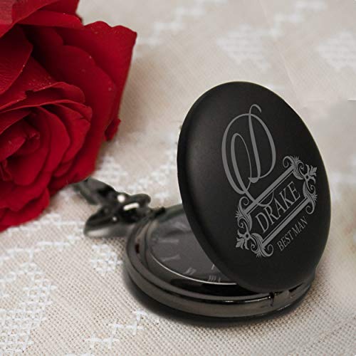 Engraved Monogrammed Quartz Black Pocket Watch - Custom Personalized Groomsmen Wedding Gifts - MPM Styles - Thumbnail 2