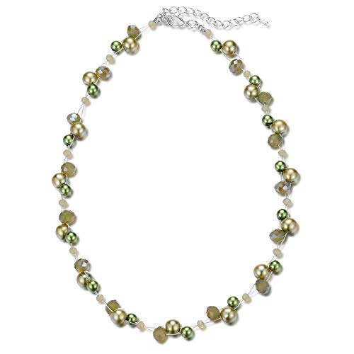 Bulinlin Damen Kristall Perlenkette Silber Boho Statement Choker Halskette für Frauen Modeschmuck Geburtstagsgeschenke（Army Green）