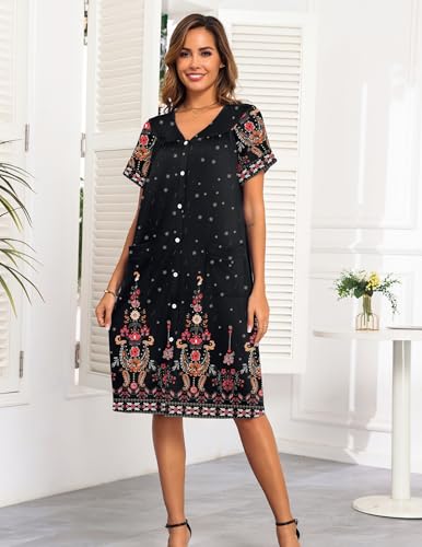 Image of Ekouaer House Dresses for Women with Pockets Button Down Nightgowns Plus Size Moo Moos Mumu Dresses Floral Print S-3XL