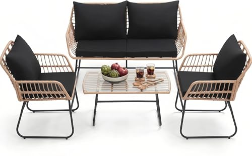 KROFEM 4-Piece Outdoor Patio Furniture Set, Modern Wicker Rattan Conversation
