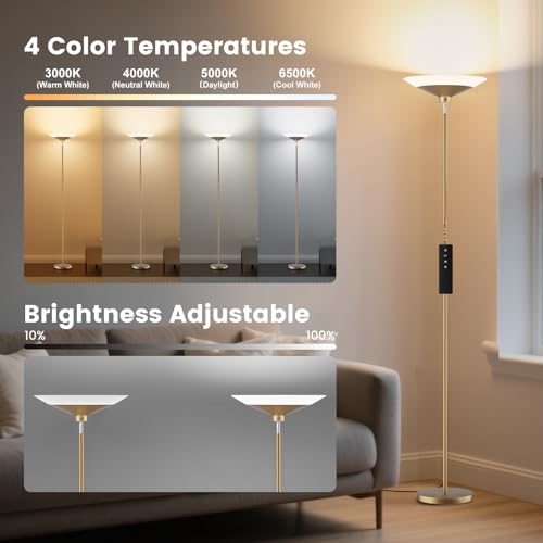 Image of SIBRILLE Torchiere Floor Lamp - 72 inch Tall LED Standing Lamp with Remote /Button Control, 1800Lm, 3000-6500K, 30W Dimmable Modern Corner Floor Light for Living Room Bedroom Office Apartment, Golden