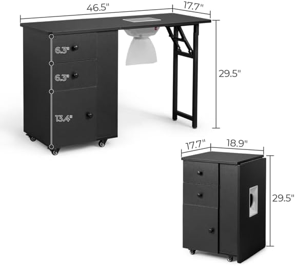 Portable Manicure Nail Table, Manicure Table Professional Nail Desk with Wrist Cushion, spa Salon、Nail Painting、Tattoo Nail Table Mobile Nail Desks w/Universal Wheels for Home Spa Beauty Salon (Black)