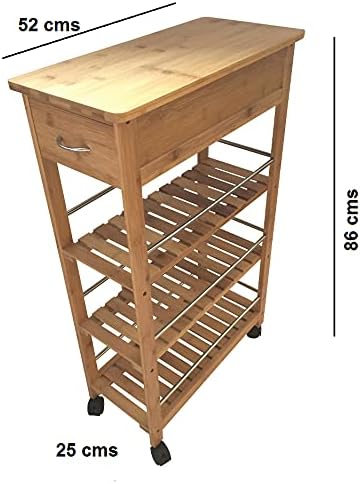 Space-Saving Bamboo Kitchen Trolley Cart with Drawer, Utility Organizer Rack, 4-Tier Slimline Bamboo Kitchen Islands Storage Trolley Cart