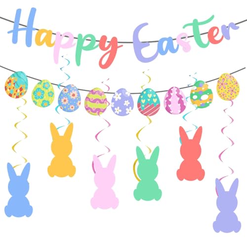 Décorations suspendues, décorations de Pâques (Lapin et œufs), réutilisables qualité supérieure, Guirlande Pâques, Lapins œufs à Suspendre