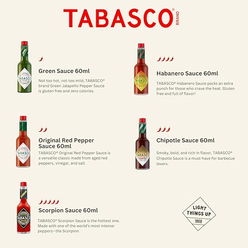 Foto von Tabasco Scharfe Soßen Geschenkset – 5er Pack (5×60 ml) Hot Sauce Set – Enthält Original, Habanero, Chipotle, Green & Scorpion – Ideal als Geschenk & zum Probieren