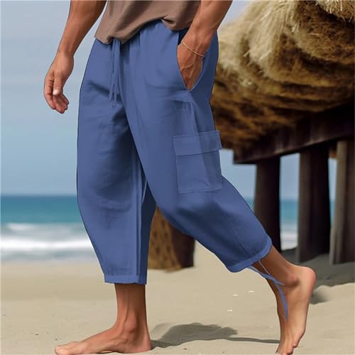 evzosrz Men's Cotton Linen Harem Pants Baggy Lightweight Elastic Waist Hippie Pant 2025 Solid Beach Yoga Capri Slacks for Men2