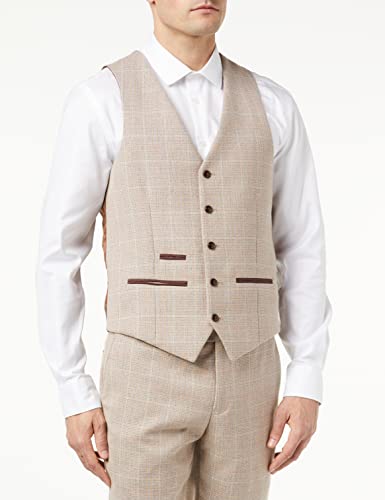 Mens Check Tweed Beige Brown 3 Piece Suit Wedding Prom Vintage Retro Classic3