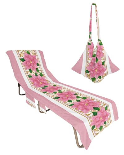 Christmas Beach Chair Towel Covers for Chaise Lounge with Side Pocket, Soft Plush Pool Towels Cover for Patio Sunbathing Outdoor 29''x85'' Luxurious Vintage Winter Flower Leaves Pink