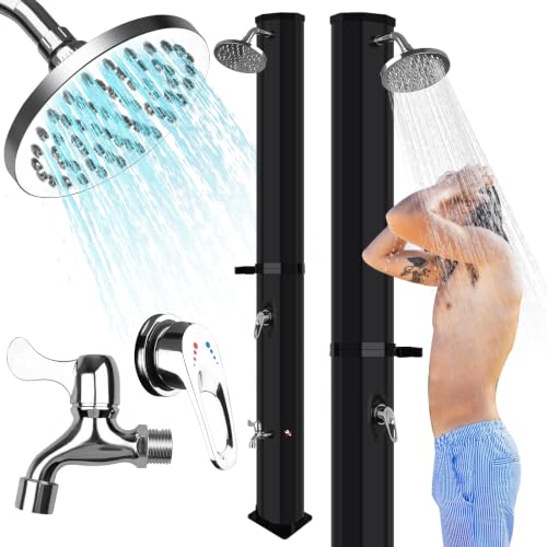 Douche Solaire 60L - Douche de Jardin Solaire Chaude avec Robinet et Pommeau de Douche à Effet Pluie, Température Réglable Jusqu'à 60°C, Douche Solaire Exterieure Idéal pour Piscine Plage Jardin
