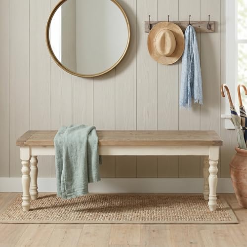 Roundhill Furniture Prato Two-Tone Distressed Oak Wood Dining Bench, Antique White