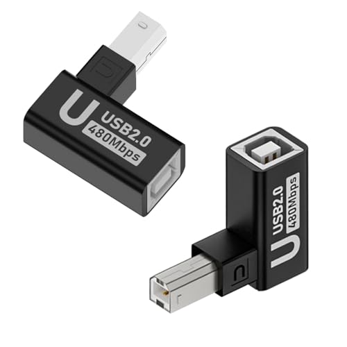 QIANRENON USB B Printer Adapter 90° Angle Plug USB Type B Male to Female Right Angle Connector MIDI Extender, Aluminium Hull, for Printer Scanner Engraver Electric Piano Mixer, 2Pcs (Up Bend)