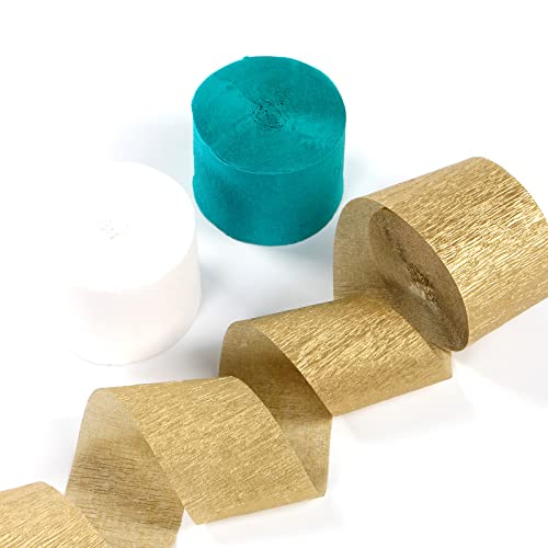 Image of Teal-Turquoise White Gold Party-Decorations Streamers - 9 Rolls Woman Girl Birthday Crepe Tissue Paper Streamer Graduation Wedding Bachelorette Engagement Bridal Baby Shower Garland Decor Panduola