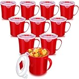 Nuenen 10 Pcs 22 oz Microwave Soup Mug with Lid and Steam Release Vent Microwave Ramen Bowl with Handles for Soup Noodles Snacks Hot Drinks, Dishwasher Safe and Microwaveable(Red)