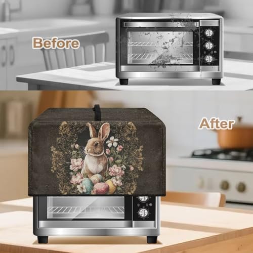 Image of Microwave Cover for Countertop Convection Ovens, Easter Decor Electrical Appliance Protector Kitchen Decor, L, 20.9 x 15.7 x 12.4 Inches, Retro Floral Bunny Easter Egg Brown