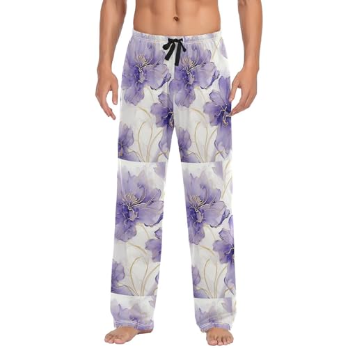 Men’s Purple Silver Flower Pajama Pants with Pockets, Comfortable Lounge Sleep Bottoms#285