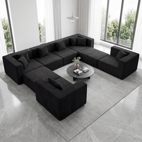 Image of MONVANE Modular Sectional Sofa, Oversized 8 Seat Convertible U Shaped Couch with Ottoman, Comfy Teddy Velvet Cloud Couch with Deep Seat, Sectional Couches for Living Room, No Assembly Required, Black