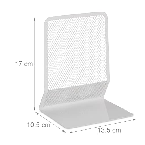Relaxdays Set of 2 Bookends, Modern Mesh Design, for Books and Folders Dividers, 17 x 13.5 x 10.5 cm, Metal, White, Steel - Image 4