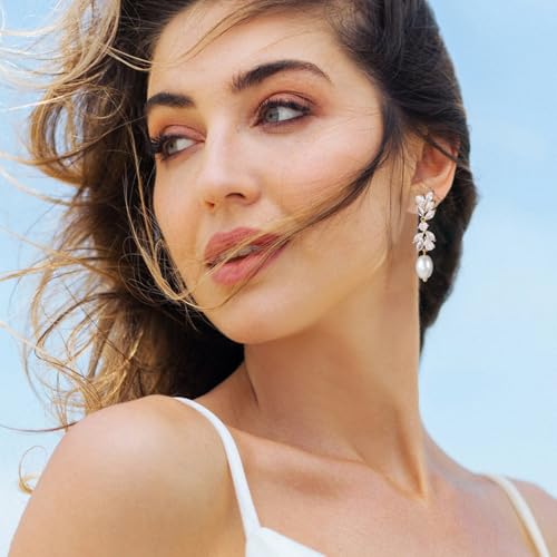 Pearl Drop Earrings for women, Dainty Bride Earrings for Wedding, Lightweight Hypoallergenic Pearl and Diamond Earring Fashion Jewelry Gift3