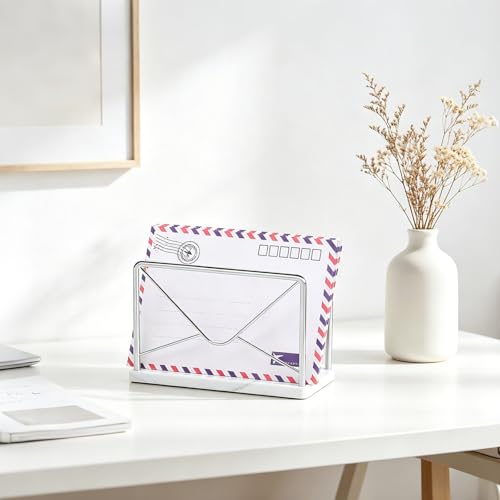 Jeasor Modern Mail Holder for Home Office, Metal Letter Organizer Sorter for Desk, Cutout Mail Envelope Design, Bill Filling Paper Document Rack, Envelope Storage Rack with Marble Base (Chrome) by Jeasor - Image 2
