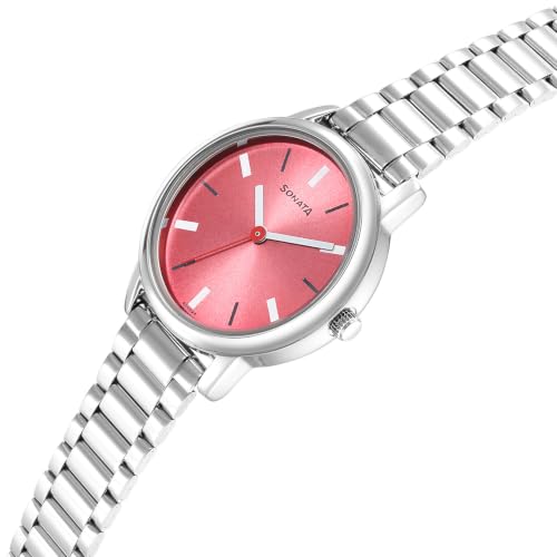 Image of Sonata Plain 3 Hands Metal Pink Round Dial Steel Colour Stainless Steel Strap Womens Watch - 8172SM06