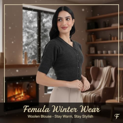 Image of Women Winter Wear V-Neck Half Sleeves Regular Fit Woollen Blouse