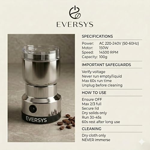 Image of andrew james Spice Grinder Electric 150W | Mini Mixer Grinder Small Size for Coffee Beans, Masala & Dry Grinding | EVERSYS Portable Mini Grinders Machine for Kitchen with Approx. 100g Capacity