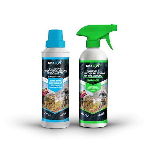 SkinStar Detergente para ropa de exterior y funcional sin fragancias + impregnación en aerosol, pack doble de 500 ml cada uno