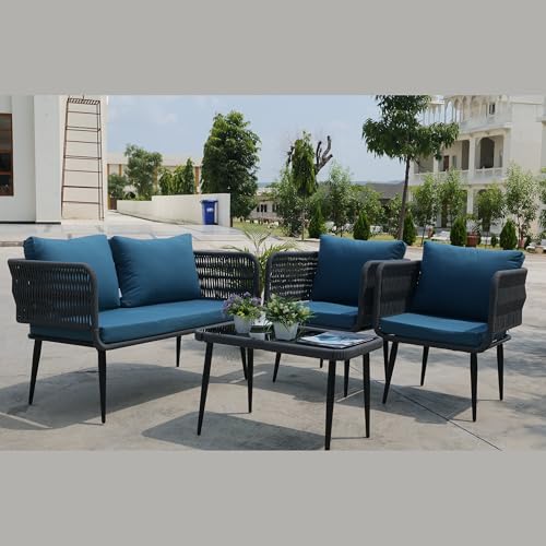 Image of LOCCUS 4-Piece Rope Sofa Set - Outdoor & Indoor Patio Furniture with Waterproof Cushions, Powder-Coated Iron Frame & Glass Top Table for Garden, Balcony [Grey & Blue]