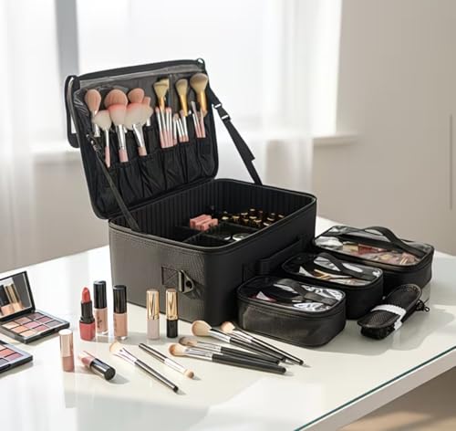 Image of Adson Large Makeup Bag 3 Layers Professional Train Cosmetic Bag Makeup Organizer Case Artist Storage Brush Box with Adjustable Dividers and Strap for Makeup Accessories (Metallic Black)