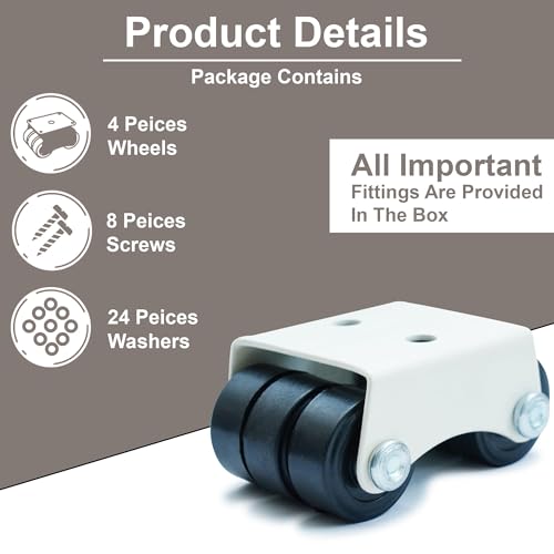 Image of 6-Wheel Fixed Roller Furniture Castor Wheels, Mini Caster Wheels for Chair, Sofa & Furniture, 80-100 kg Load Capacity (Black, Set of 4)