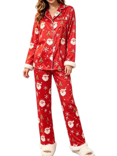 Image of Women Silk Pajamas Set Satin Long Sleeve Feather Trim 2PCS Loungwear