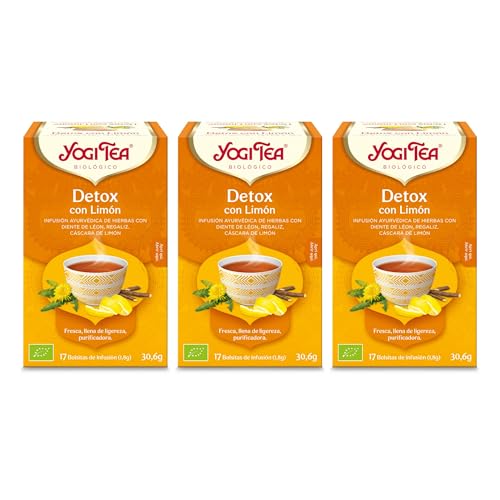 Yogi Tea - Detox con Limón - Infusión Ayurvédica - Con Diente de León, Regaliz y Cáscara de Limón - Pack de 3x17 bolsitas (51 en total)