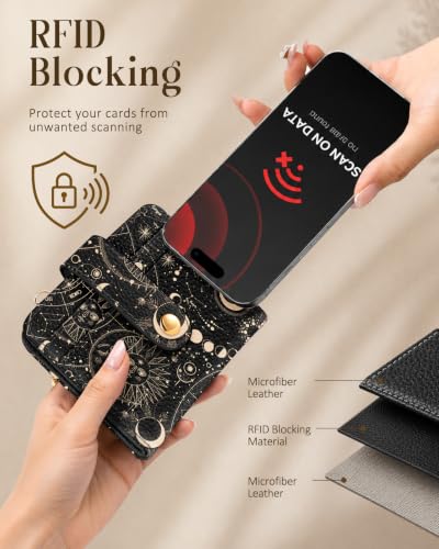 Image of Bistup Small Card Wallet for Women with Keychain, Celestial | durable material, clear ID window,, compact design for daily carry, sturdy keychain, aesthetic