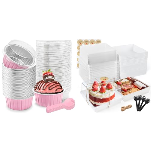 Bundle of 5 OZ Mini Loaf Pans with Lids and 40 Pack Small Cake Boxes for Cupake Pudding Party Wedding Birthday