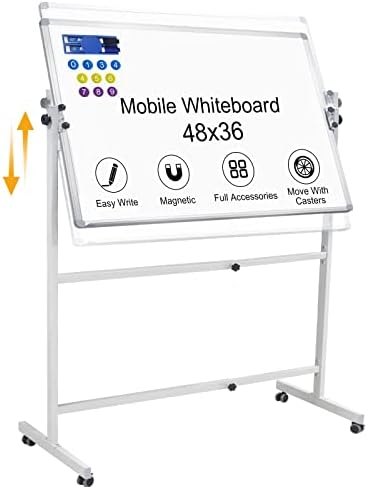 Whiteboard with Stand 48 X 36, Mobile Magnetic White Board Dry Erase Board with Stand, Height Adjustable Large Rolling Whiteboard on Wheels Including 1 Eraser, 2 Markers and 10 Magnet