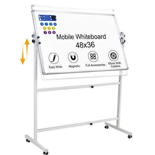 Whiteboard With Stand 48 X 36, Mobile Magnetic White Board Dry Erase Board With Stand, Height Adjustable Large Rolling Whiteboard On Wheels Including 1 Eraser, 2 Markers And 10 Magnet #TOP3