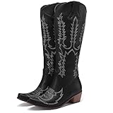 MissFox Cowboy Boots for Women Western Side Zip Knee High Black Cowgirl Boots Embroidery Pointed Toe Chunky Heel High Boots