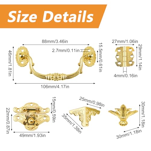 Charnières et poignée dorées pour boîte de rangement et boîte à bijoux rétro
