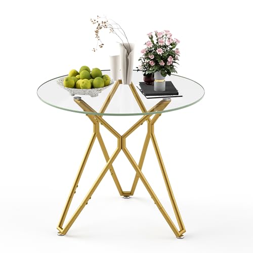 KEIKI 35.4-inch Round Tempered Glass Dining Table, Suitable for 1-4 People, Space-Saving Small Kitchen Dining Table, Equipped with Sturdy Metal Table Legs, Suitable for Dining Room, Living Room, Gold