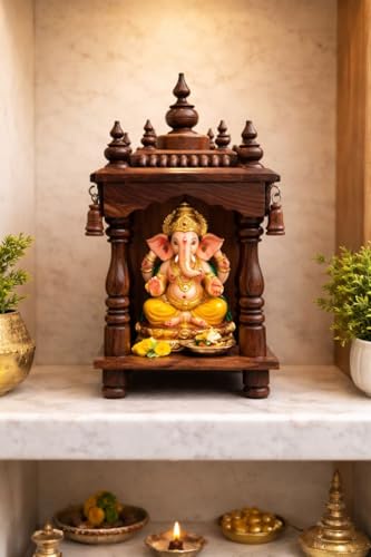 Image of Australian Handicrafts Handcrafted Wooden Temple for Home | Premium Small Pooja Mandir (12 x 6 Inch) | Solid Wood Hindu Mandir with Bells | Home, Office & Gifting
