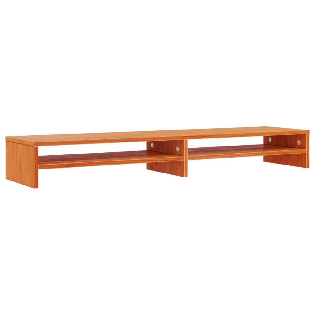 Supporto per monitor, 100 x 24 x 13 cm, ergonomico, in legno di pino massiccio, con ripiani, organizer da scrivania per schermo di PC e laptop, marrone cerato