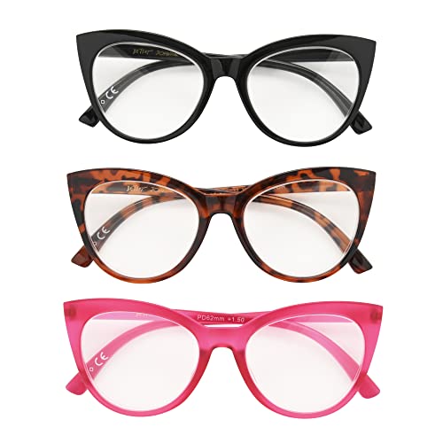 Betsey Johnson Women's Plaid 3 Pack Reading Glasses Cat Eye, Black, Tortoise, Magenta, 1.5X + 1.5