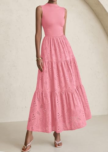Image of PRETTYGARDEN Summer Dresses for Women 2026 Casual Eyelet Sleeveless Wedding Guest Maxi Dress Tank Top Sundress with Pockets