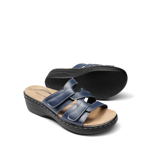 Image of DREAM PAIRS Women Arch Support Slide Sandals Adjustable Straps Slip On Wedge Sandals Casual Comfort Lightweight Flat Slides