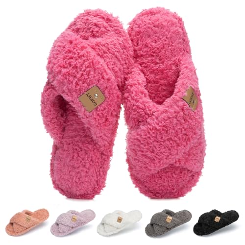 Image of GOEWY Fuzzy Open Toe Slippers for Women Cozy Memory Foam House Shoes Indoor | Cute Cross Band,Soft Faux Fur,Anti-slip Sole Outdoor,Machine-washable,Lightweight,Slip on Gifts for Women,Mom and Bridesmaid